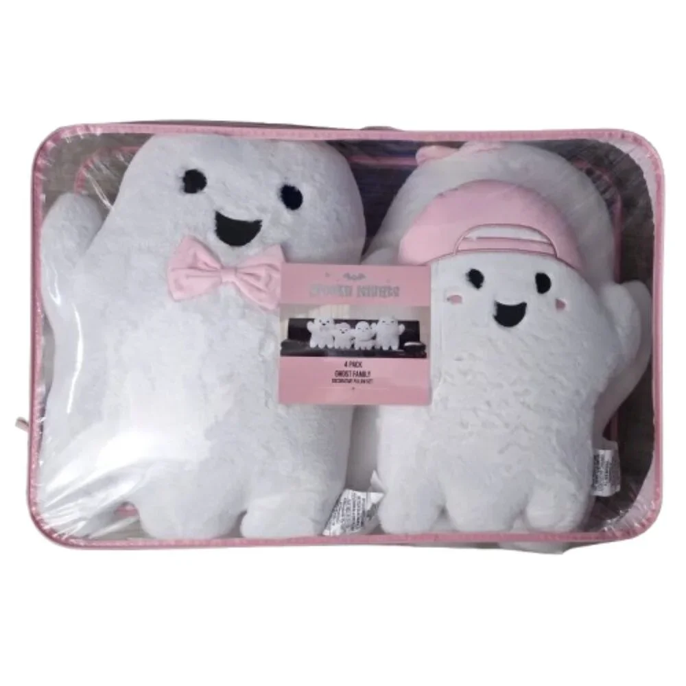 NWT Set of 4 Ghost Family Decorative Plush Faux Fur Throw Pillow Set Halloween